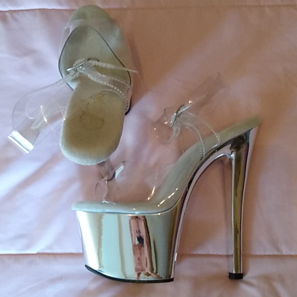 Pleaser heels, size 7, metallic shine and clear straps.